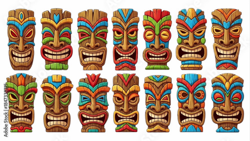 Assortment of carved wooden tiki masks featuring intricate designs and vibrant colors, evoking tropical and ancient cultural aesthetics