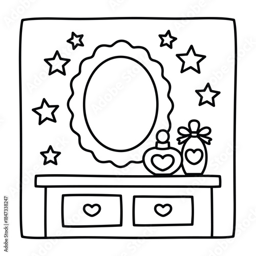 Vanity Table With Mirror Perfume Bottles And Drawer Pulls Keywords: vanity, table, dresser