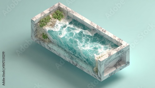 Miniature marble box contains ocean waves, sand, and green plants.