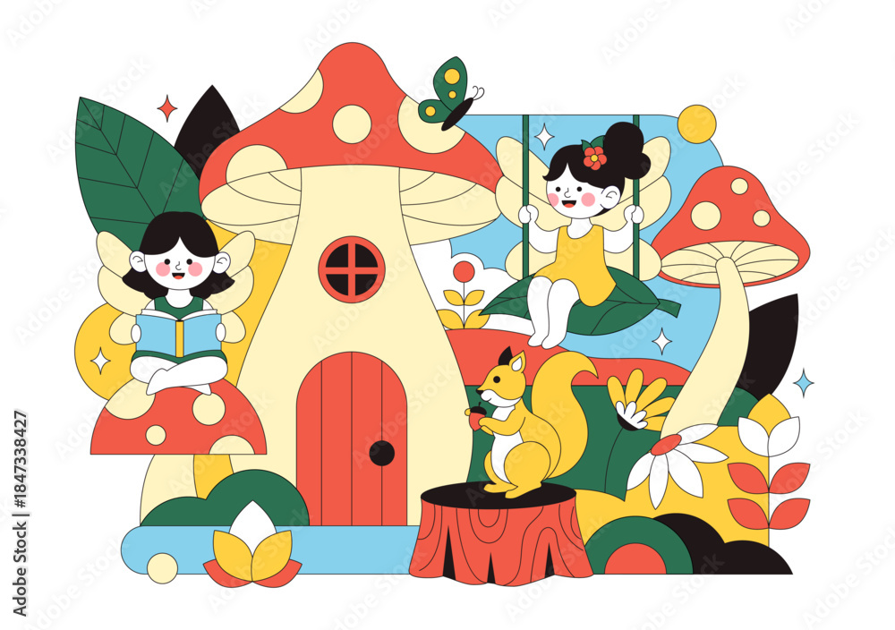 Naklejka premium Magical Beautiful Flying Fairy Vector Illustration with Elf, Landscape, Tree, and Green Grass in a Flat Style Kids Cartoon Background