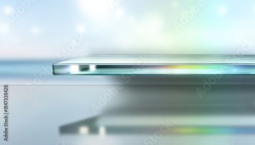 Clear glass shelf with subtle rainbow light reflections.