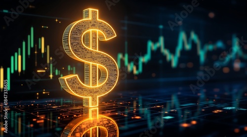 Glowing dollar sign on futuristic financial charts and graphs background