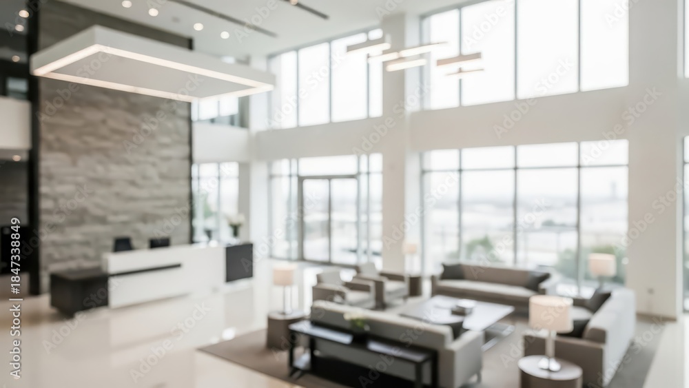 Fototapeta premium Modern office lobby with large windows and minimalist decor