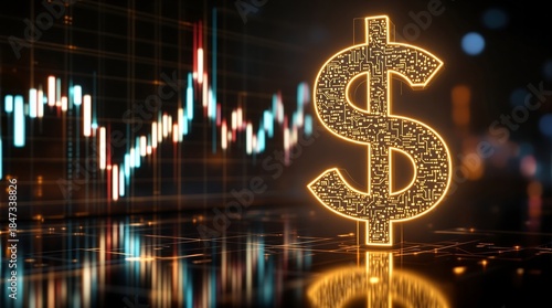 Glowing dollar sign with circuit board pattern on stock market graph background