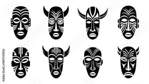 Collection of Abstract Tribal Masks with Horns and Geometric Patterns Reflecting Ancient African Culture Art
