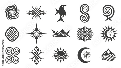 Collection of Abstract Symbols and Icons Representing Nature and Culture