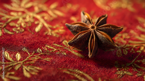 Fototapeta Naklejka Na Ścianę i Meble -  Star anise spice on rich red and gold festive fabric