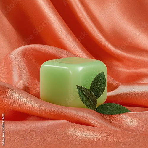 Green cosmetic product sits on flowing peach satin fabric with leaves.