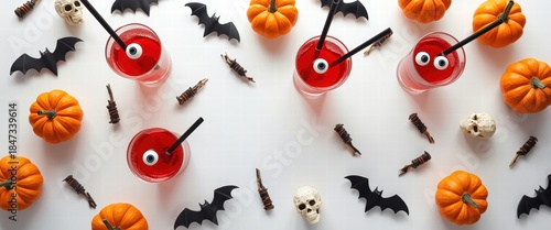 Halloween Cocktails with Eyeballs and Pumpkins Overhead.
