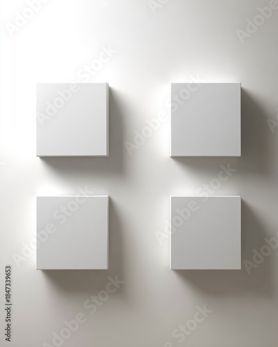 Four blank white cubes cast shadows on a light gray wall.