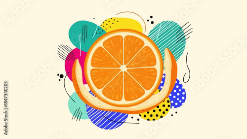 Vibrant Orange Slice with Abstract Colorful Shapes.