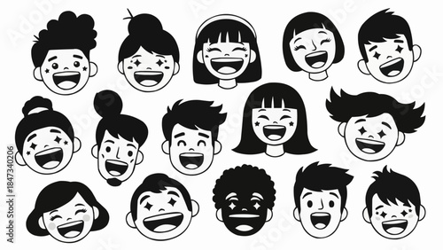 Collection of Diverse Children Faces Expressing Joyful Laughter.