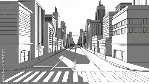 Street view with buildings and crosswalk in perspective.