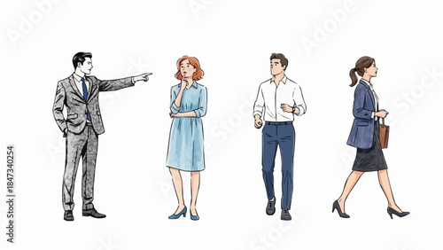 Diverse group of people in business attire depicted in a sketch style.