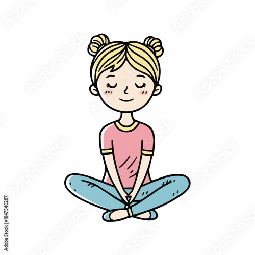 Cute cartoon girl meditating with eyes closed in lotus position.