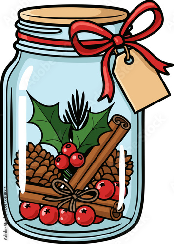 Festive Mason Jar with Holiday Potpourri and Red Ribbon.
