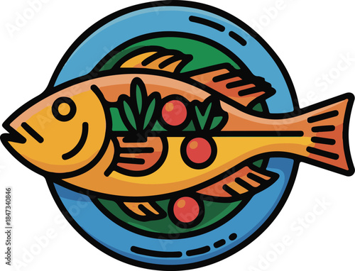 Fish Dish Flat Vector | Seafood Food Illustration