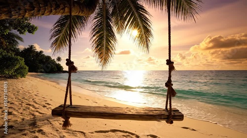 Tropical beach with a weathered wood swing hanging from palm tree branches during a beautiful sunset
