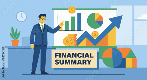 Flat vector illustration of an accountant presenting financial summary, standing beside abstract chart board, solid colour blocks, flat vector style, no gradients, stock illustration