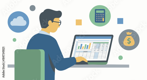 Flat vector illustration of an accountant with laptop and spreadsheets, digital accounting concept, clean geometric composition, solid colours only, flat vector illustration