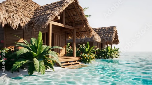 Tropical bungalows with thatched roofs near the blue ocean, plants in foreground, sunny sky above
