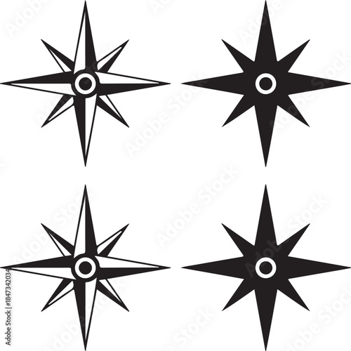 Four black nautical star symbols arranged in a symmetrical square pattern