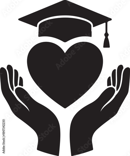 Hands holding a heart with a graduation cap on top