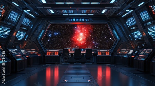 Starship bridge interior with holographic star map in space