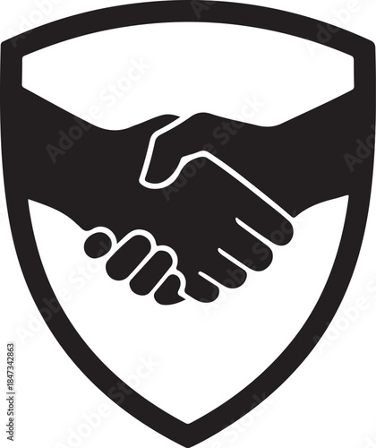 A black and white shield icon featuring a handshake symbol within