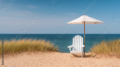 A serene beach scene featuring a white chair under a parasol, surrounded by tall grass and a calm ocean in the background.
