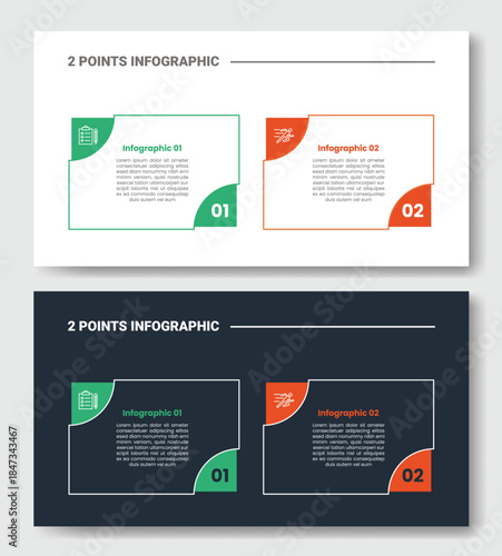 2 points step comparison opposite infographic with big box with curve edge and sharp badge on side with dark and light version set with outline style flat