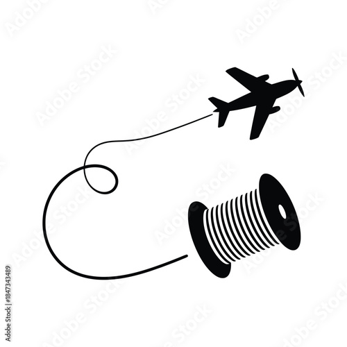 Airplane towing thread from a spool, isolated on