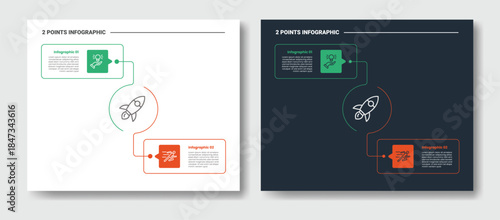 2 points step comparison opposite infographic with long rectangle box with circle center connection line with dark and light version set with outline style flat