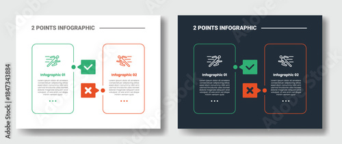 2 points step comparison opposite infographic with vertical box container with correct and wrong badge with dark and light version set with outline style flat