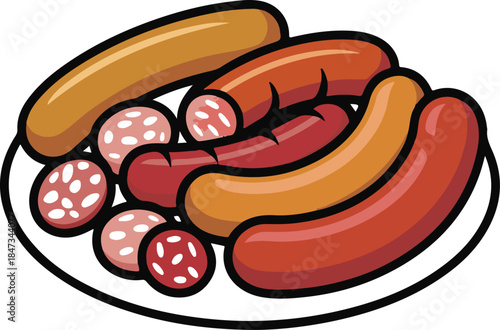 Sausage Plate Flat Vector | Meat Food Illustration