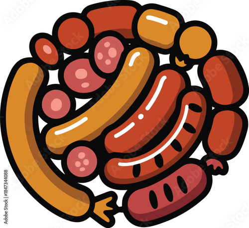 Sausage Plate Flat Vector | Meat Food Illustration