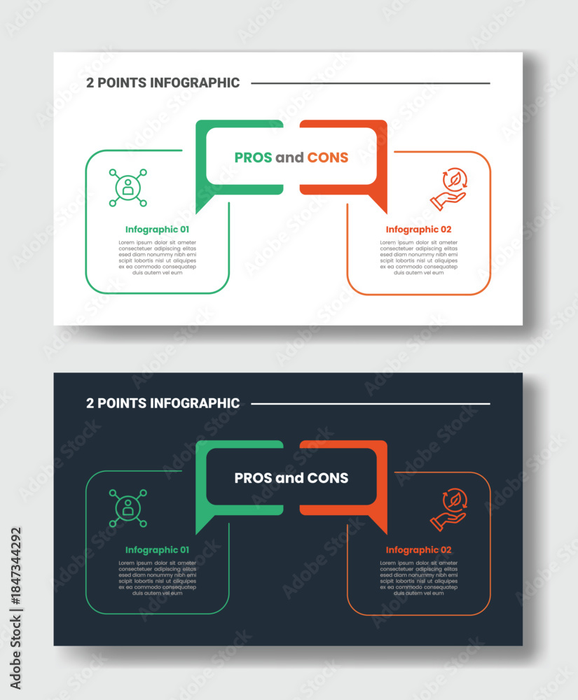 Obraz premium 2 points step comparison opposite infographic with pros and cons with square round rectangle with discussion box with dark and light version set with outline style flat