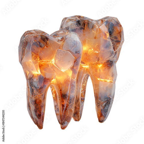 Two glowing amber molar teeth isolated on transparent background