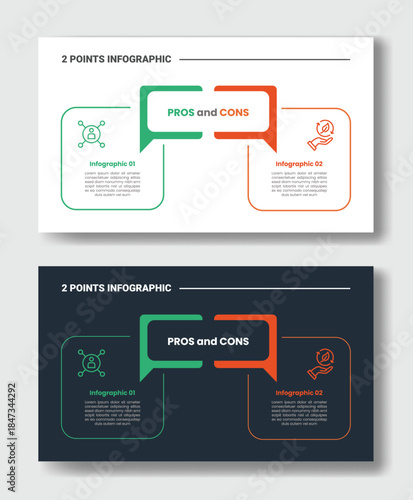 2 points step comparison opposite infographic with pros and cons with square round rectangle with discussion box with dark and light version set with outline style flat