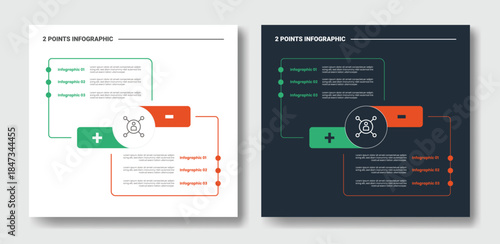 2 points step comparison opposite infographic with circle center with rectangle box vertical opposite with dark and light version set with outline style flat