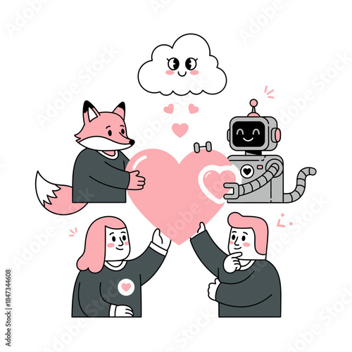 Cartoon Characters Sharing Heart Symbol Together.