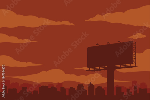 Stunning blank billboard silhouette against dramatic orange sunset sky above a dark city skyline ready for advertising