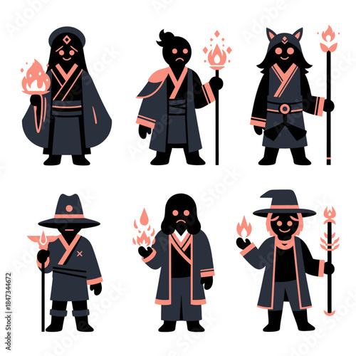 Cartoon Wizards with Magical Staffs and Torches.