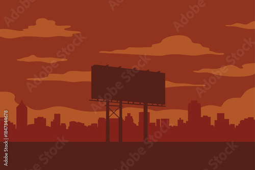 Stunning empty billboard silhouette against a vibrant orange sunset sky overlooking a modern city skyline