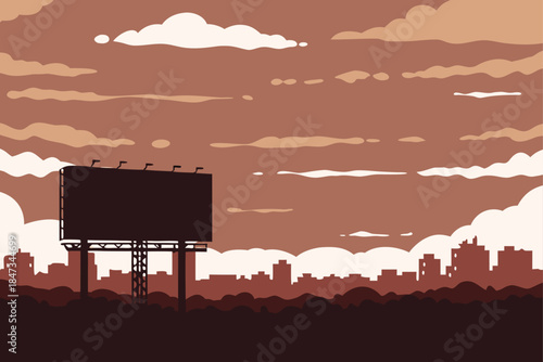 Stunning blank billboard silhouette against dramatic sepia city skyline and moody evening clouds for advertising campaigns