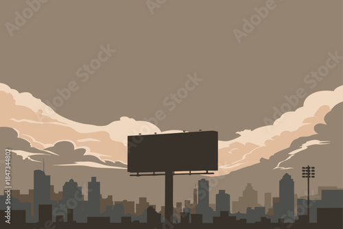 Massive blank billboard dominates moody city skyline silhouette under dramatic sepia toned clouds awaiting advertisement placement