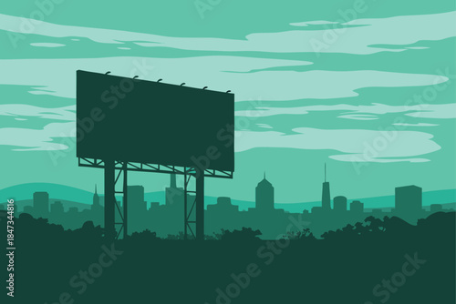 Giant blank billboard overlooks moody teal cityscape skyline ready for your impactful advertising message