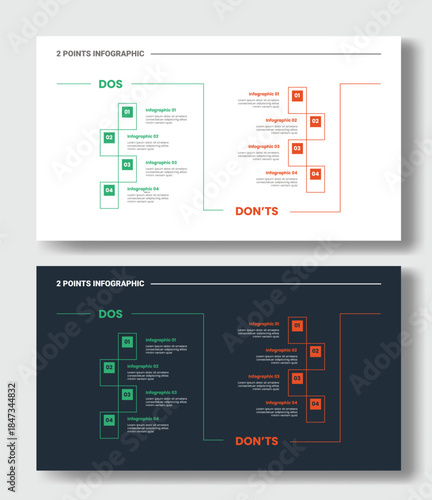 2 points step comparison opposite infographic with creative flip line create box container with do and dont sign with dark and light version set with outline style flat