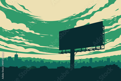 Stunning large blank billboard silhouette against dramatic green sky near city skyline perfect for outdoor advertising campaigns