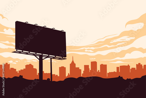 Stunning blank billboard silhouette against a vibrant orange city skyline at sunset ready for your massive advertising campaign